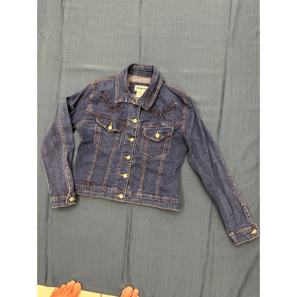 Virginia Women Denim Jacket Blue Sequin Butterfly Floral Embroidered Size 10